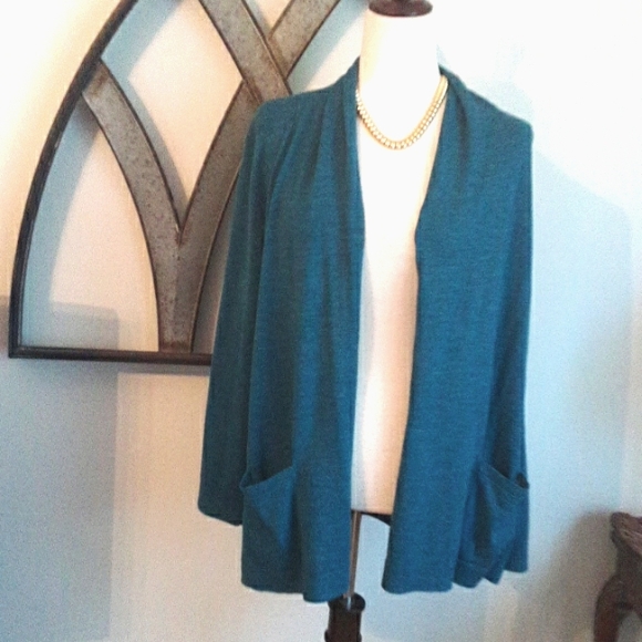 Talbots Sweaters - TALBOTS Marino Wood Open Roomy Sweater in Teal with Front Pockets